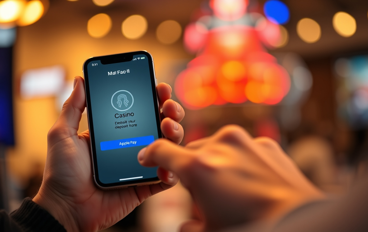En person som bruker Apple Pay på iPhone for å sette inn penger på et casino. Face ID-skjermen vises.