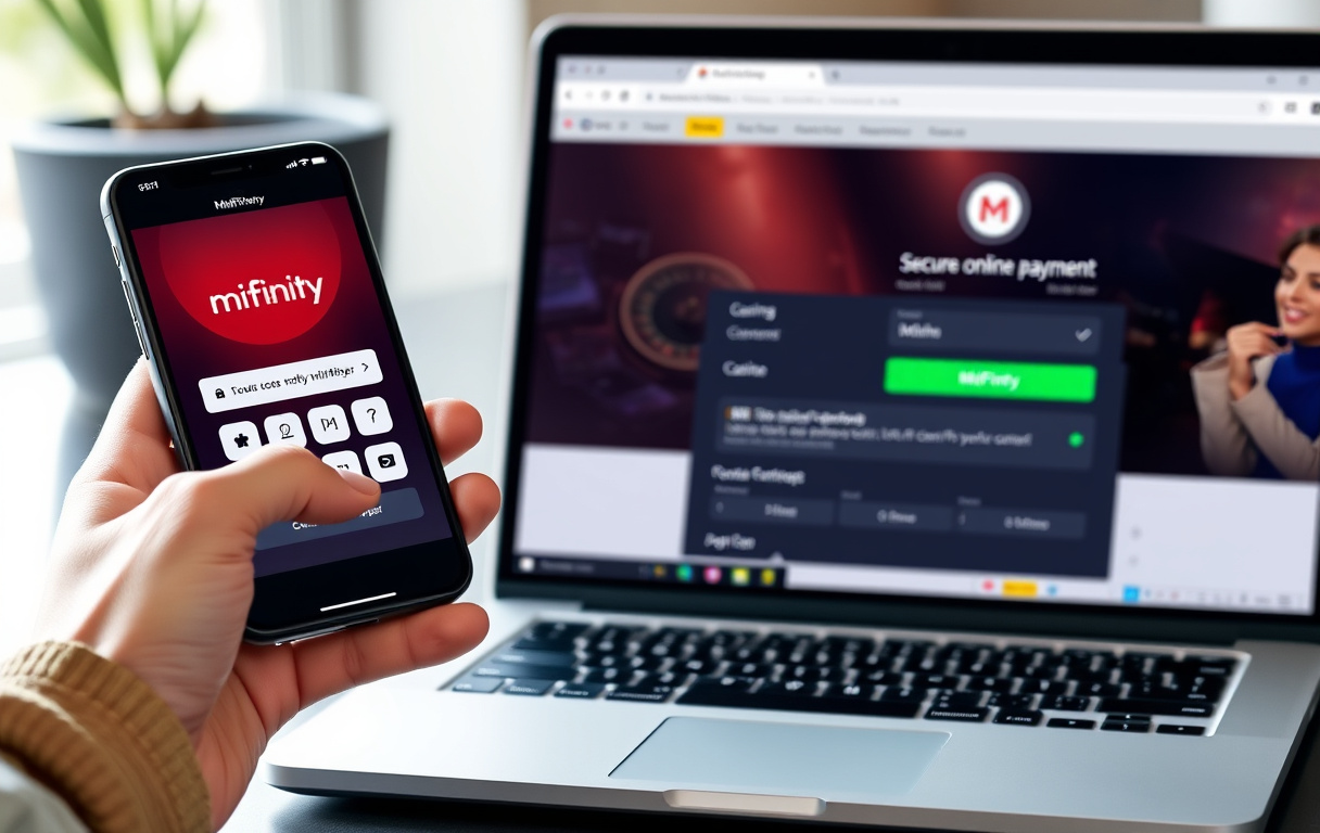 Person med mobiltelefon som viser MiFinity-appen ved siden av en bærbar PC med casino-kasse