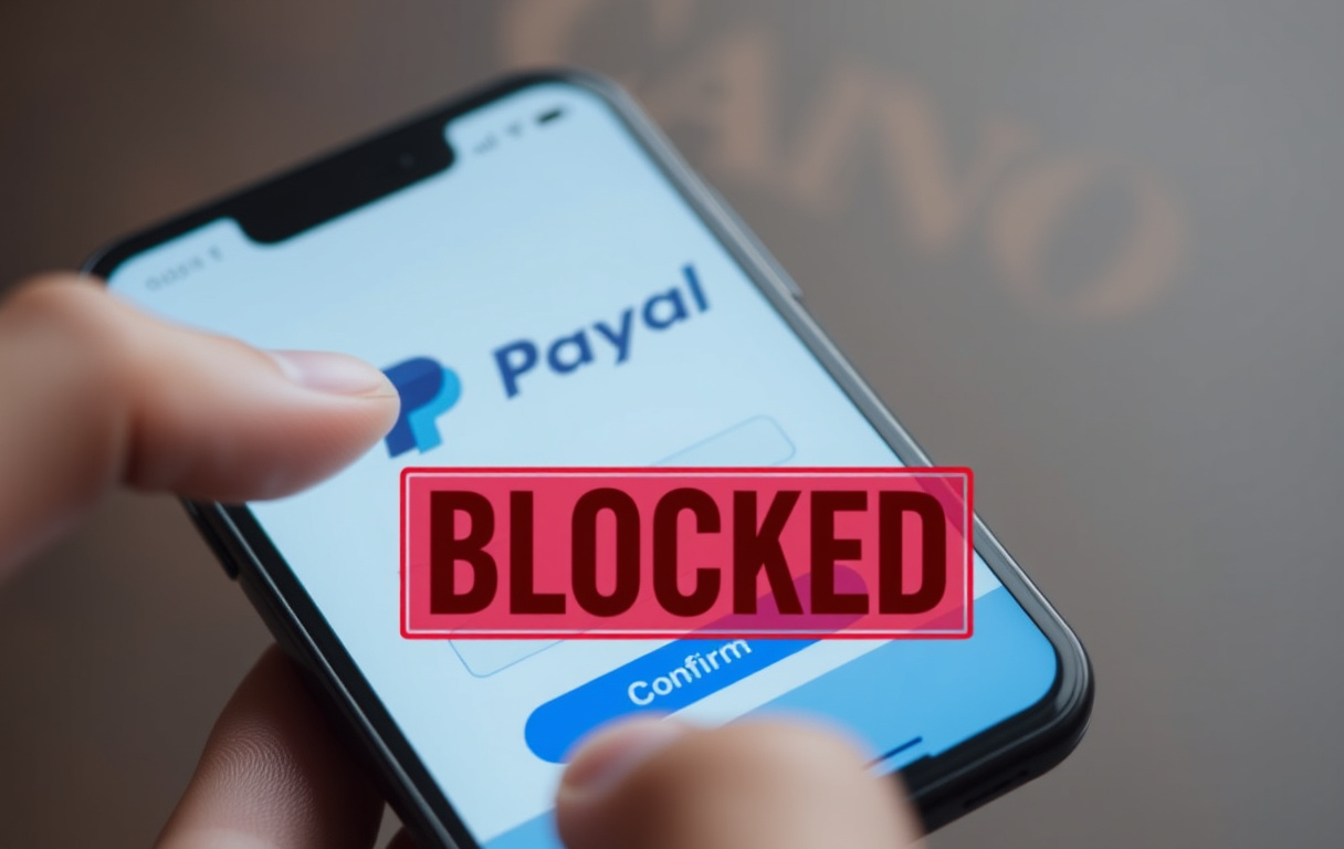 Smarttelefon med PayPal-betalingsskjerm og casino-logo, men rød feilmelding viser at transaksjonen er blokkert.