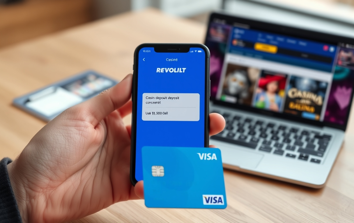 Person som holder en mobil med Revolut-appen ved siden av en laptop med casino-kasse og et Revolut-kort på bordet