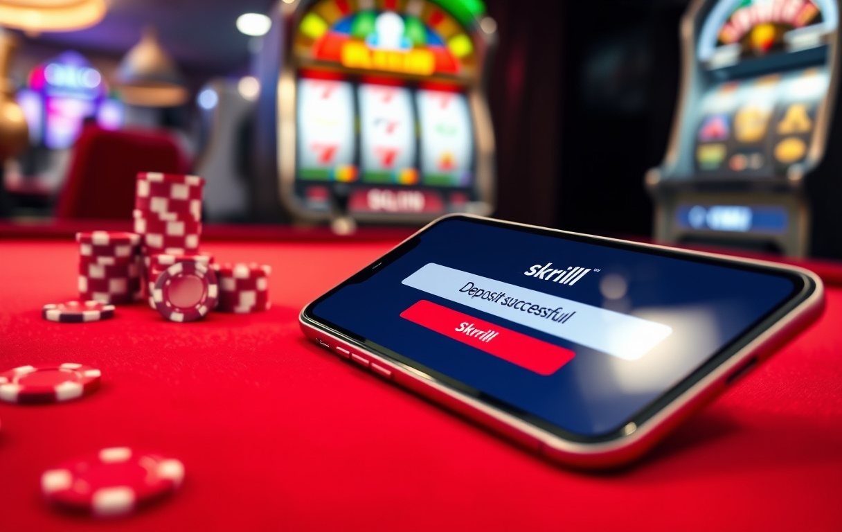 Smarttelefon med Skrill-betaling på et casinobord, med gevinstmelding og spilleautomater i bakgrunnen.