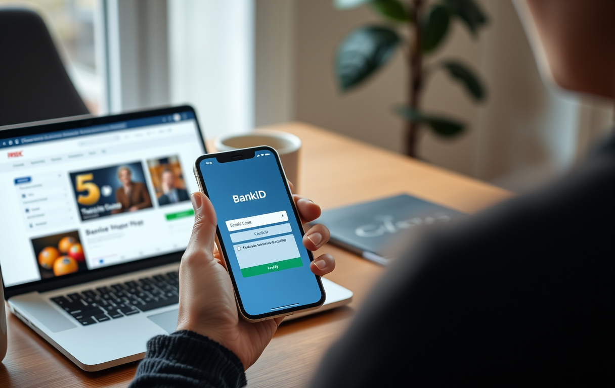 Person som logger inn med BankID på mobilen for å sette inn penger på et casino med Trustly