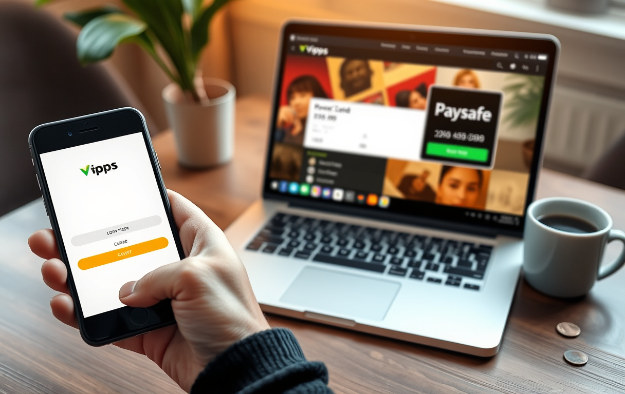 Person som bruker Vipps på mobilen for å kjøpe Paysafe-kort til casinoinnskudd