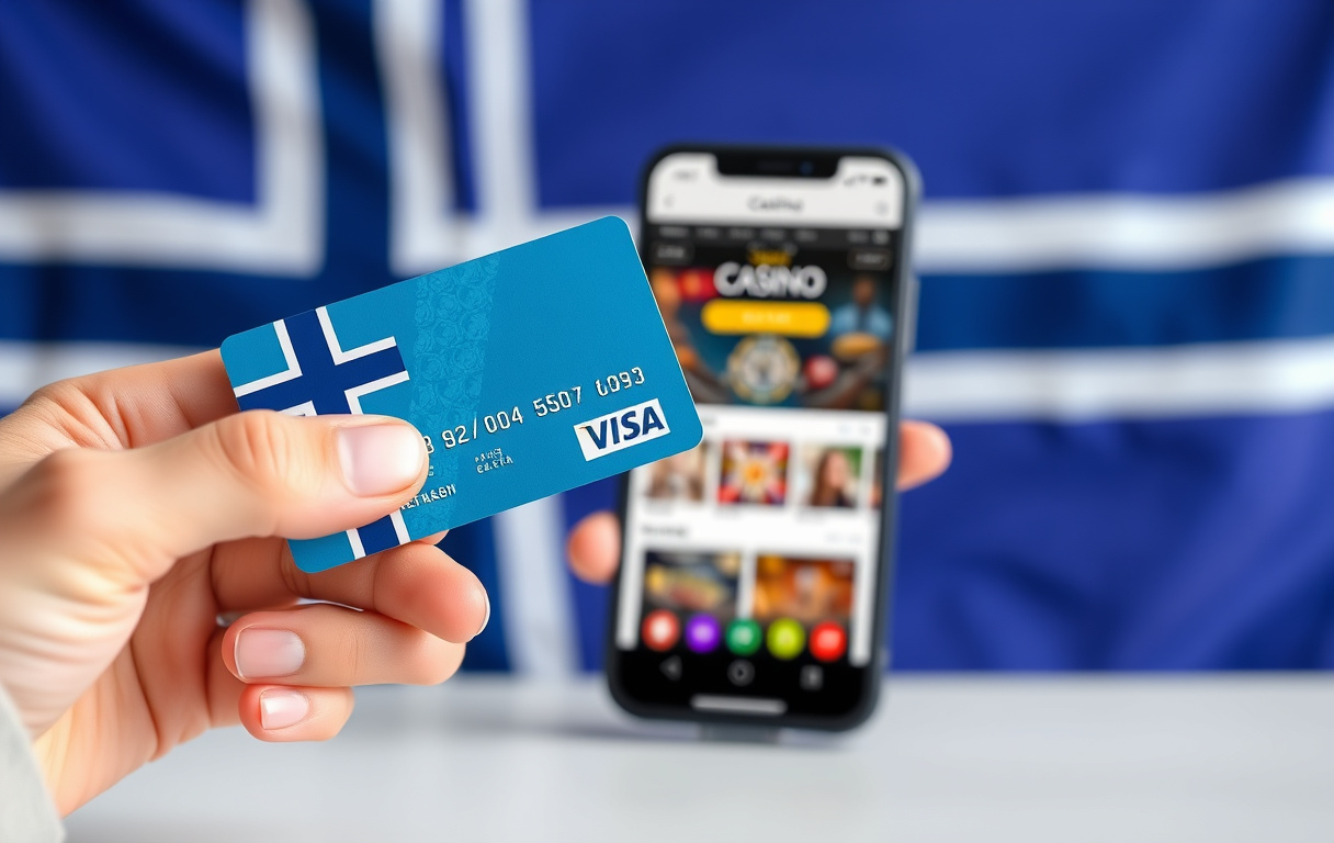 En hånd som holder et Visa-kort og en mobiltelefon med et casino på skjermen, norsk flagg i bakgrunnen.