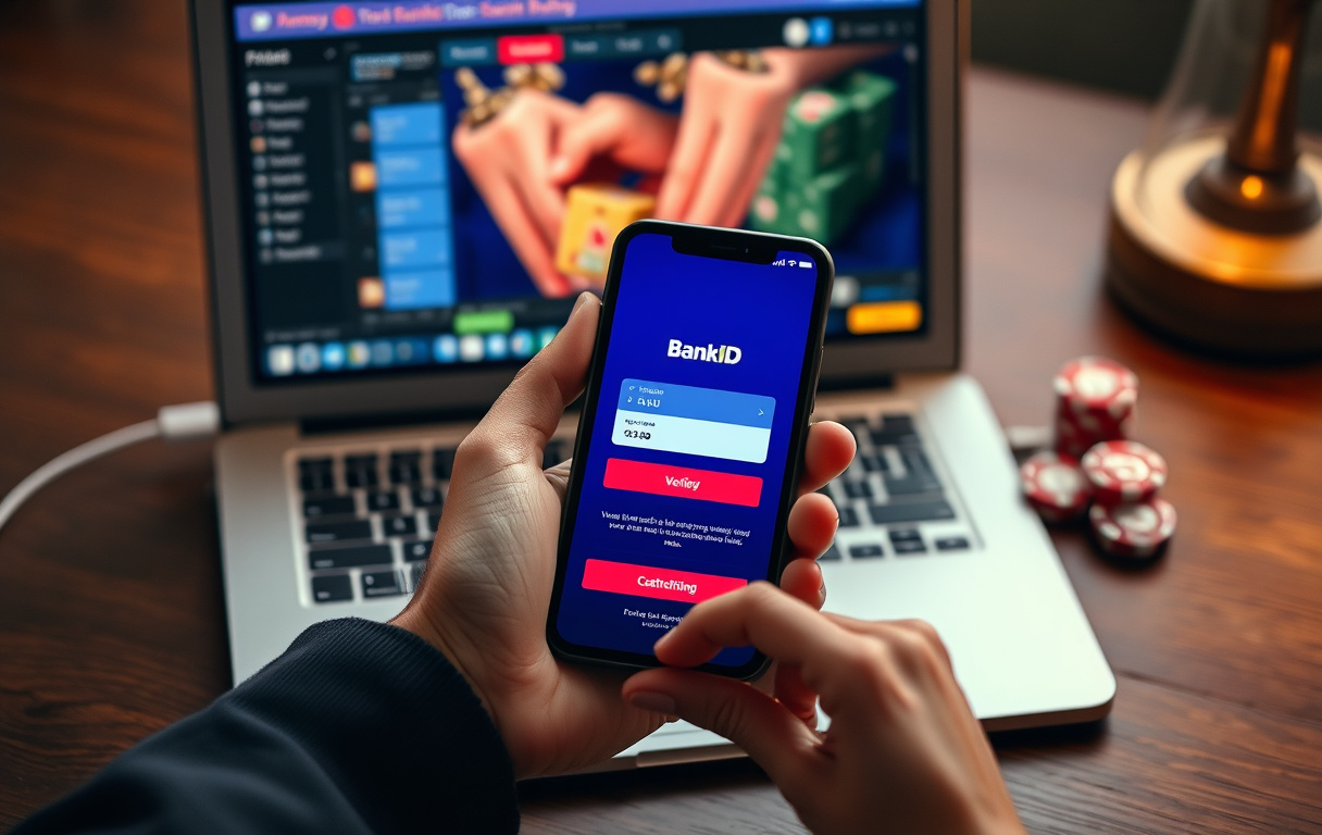 Person med mobiltelefon som viser BankID-bekreftelse for Zimpler-betaling på casino.