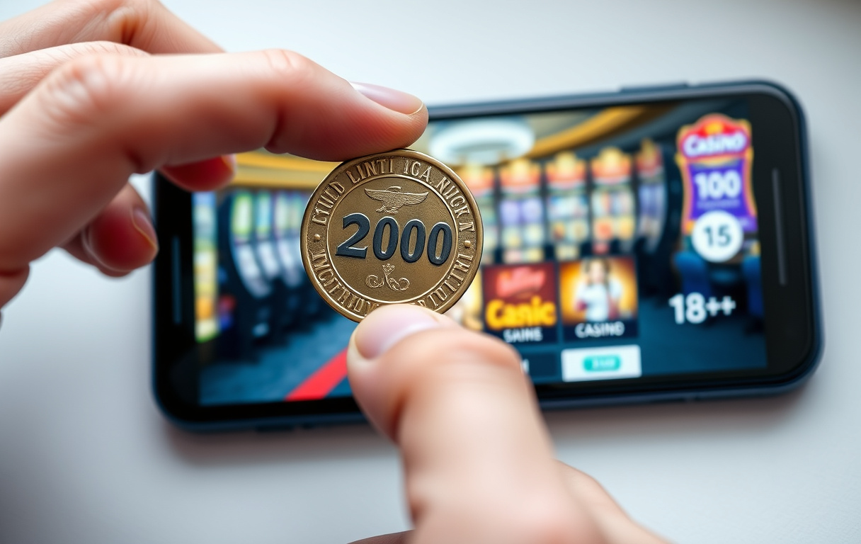Hånd som holder en norsk 100-krone over en mobilskjerm med casinospill og 18+-symbol