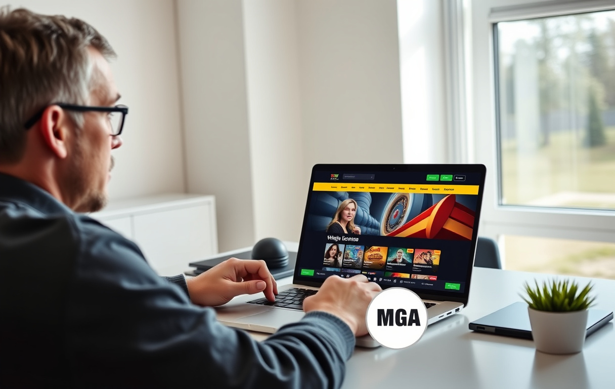 En person sammenligner norske casino på to skjermer, med MGA-lisens synlig i bunnteksten.
