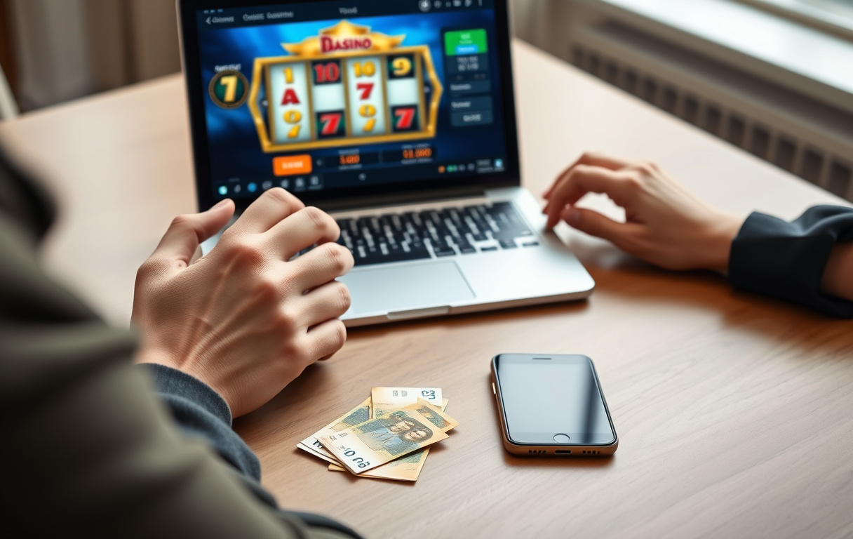En person spiller casinospill på en bærbar PC med en kopp kaffe og norske sedler ved siden av.