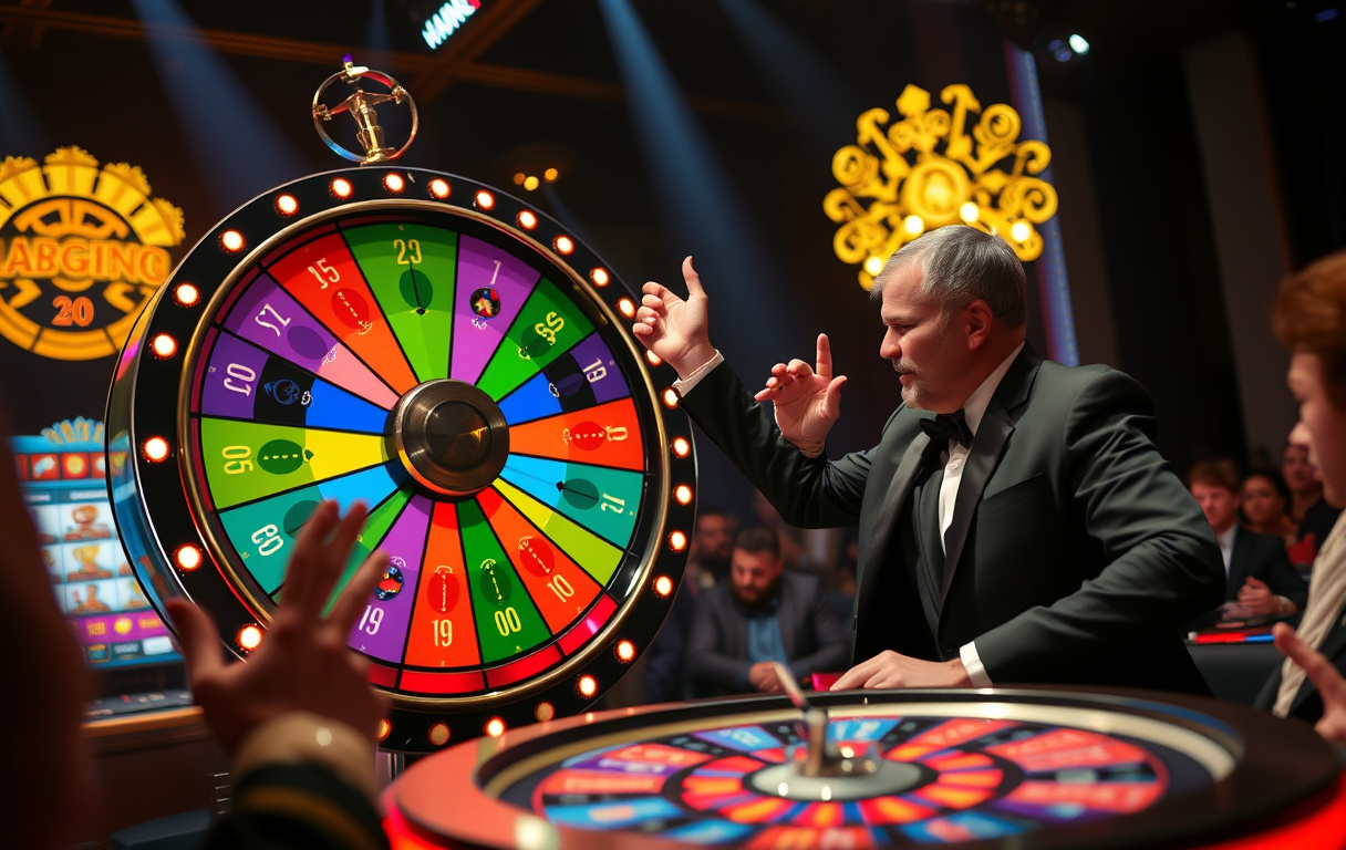 Live casino-vert spinner et stort fargerikt hjul med bonussegmenter, publikum jubler, høy energi.