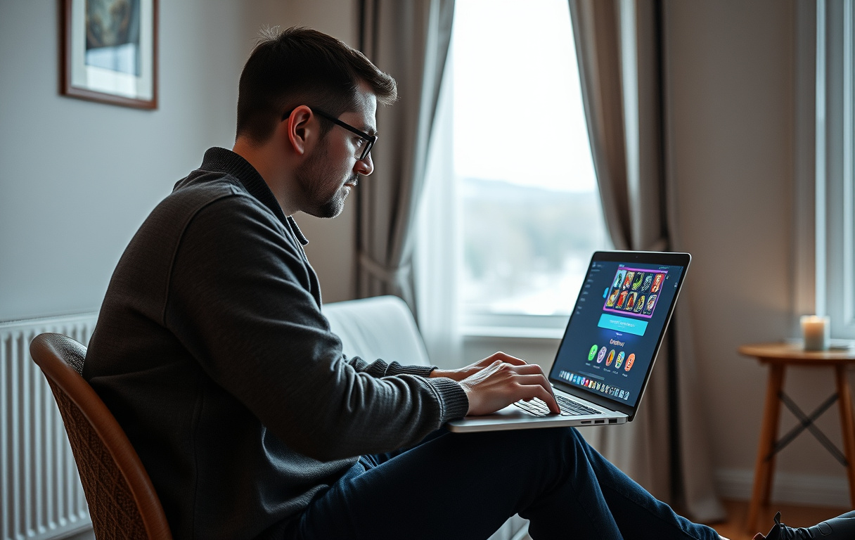 En person spiller en gratis spilleautomat på en laptop, demomodus med virtuelle penger.