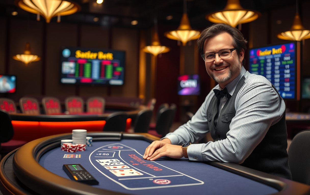 Live casino dealer i studio med blackjack-bord, sjetonger og skjerm.